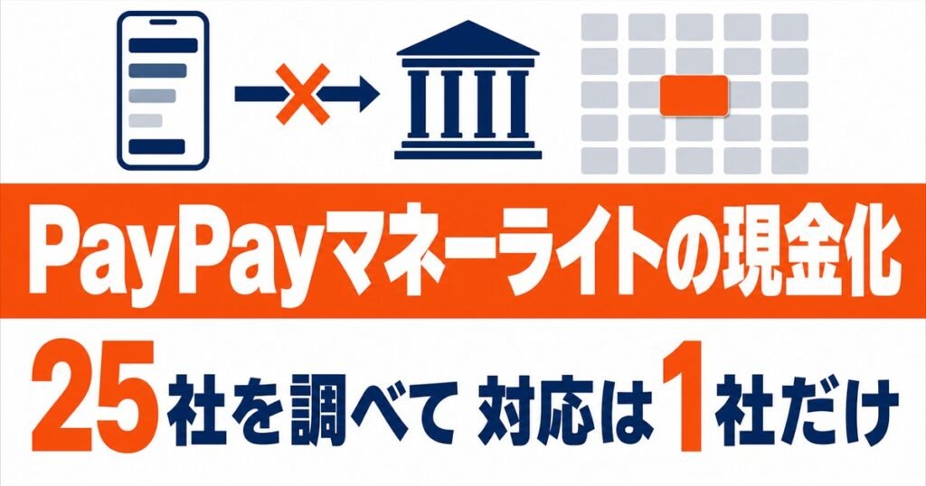 PayPayマネーライトが銀行に出金できないことと、25社中1社だけが対応していることを表すイラスト
