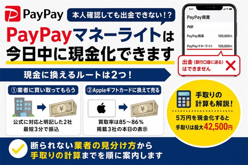 PayPayマネーライトを今日中に現金化する2つのルート。対応業者に買い取ってもらう方法と、Appleギフトカードに換えて買取サイトに売る方法